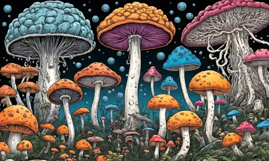 Estructuras químicas de hongos psicoactivos y visuales de actividad cerebral que representan sus efectos en el pensamiento y la percepción.
