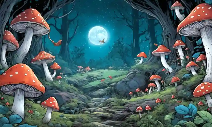 Setas creciendo cerca de una persona durmiendo en un fondo lleno de sueños con criaturas míticas.