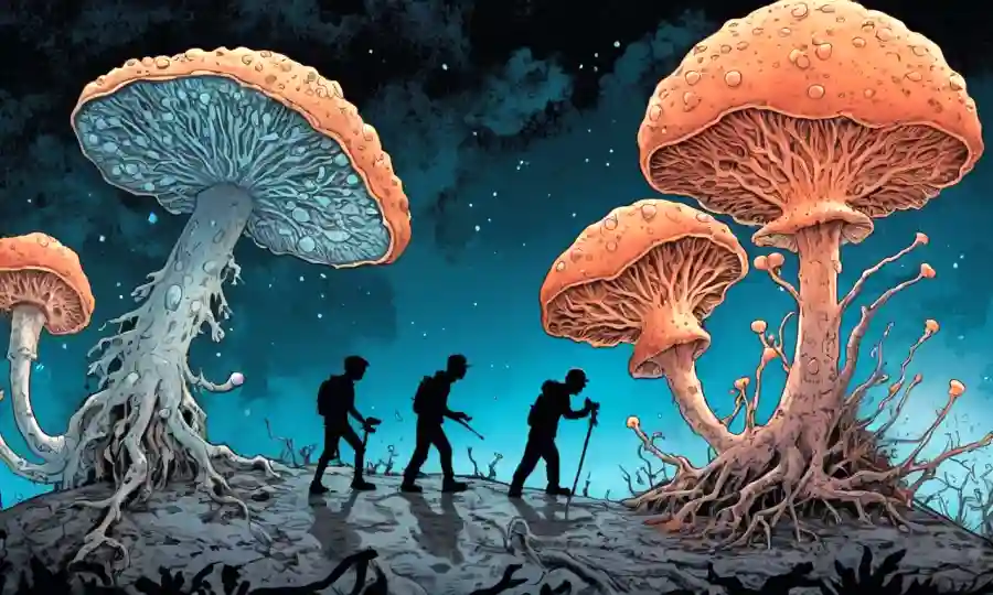 Una imagen de microscopio de células hongos junto a dos siluetas que representan la juventud y la edad adulta.