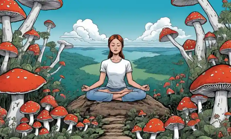 Una persona meditando entre los hongos