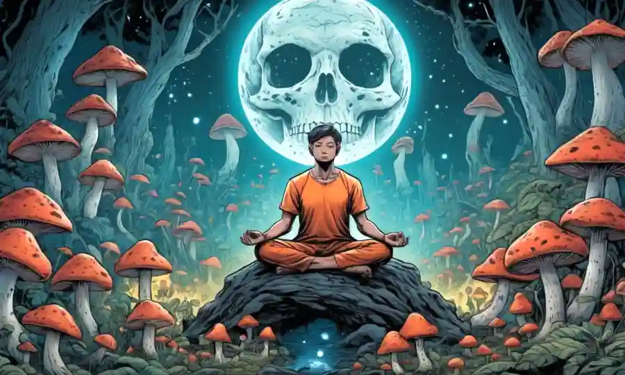Una persona meditando rodeada de hongos místicos, con un sutil aura de psicodelia.