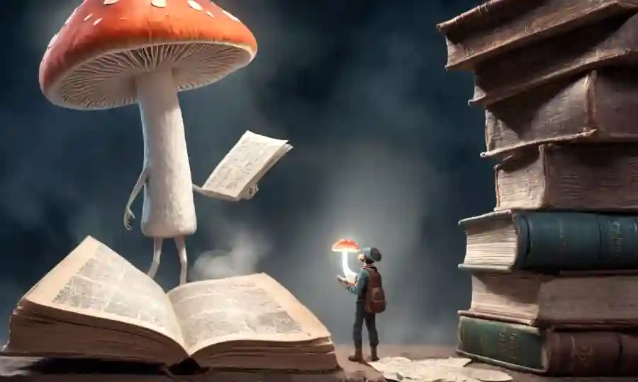 Una persona que sostiene un hongo, rodeado de libros y notas, con un ambiente sutil y sutil.