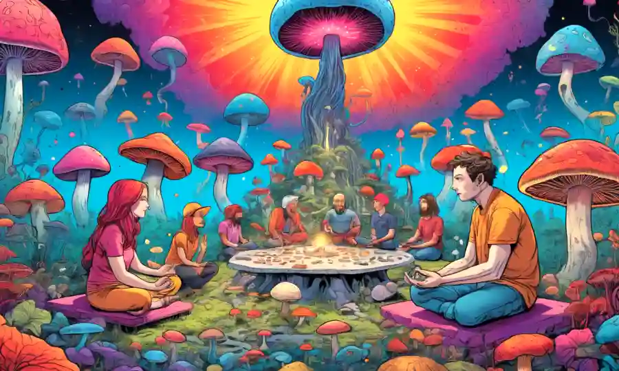 Gente meditando o socializando en un fondo colorido, rodeado de setas psicodélicas y diagramas de conexión cerebral.
