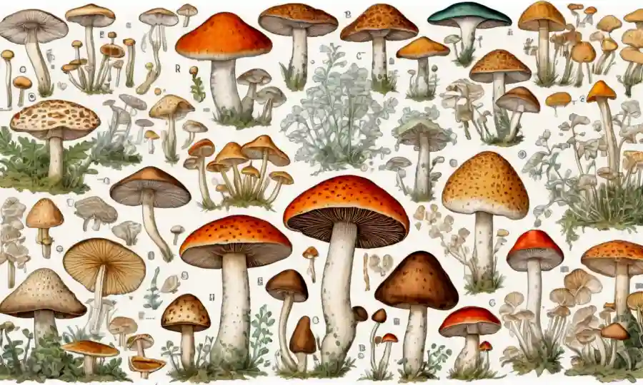 Las ilustraciones científicas de diversos tipos de hongos y estructuras superpuestas con diagramas corporales humanos.
