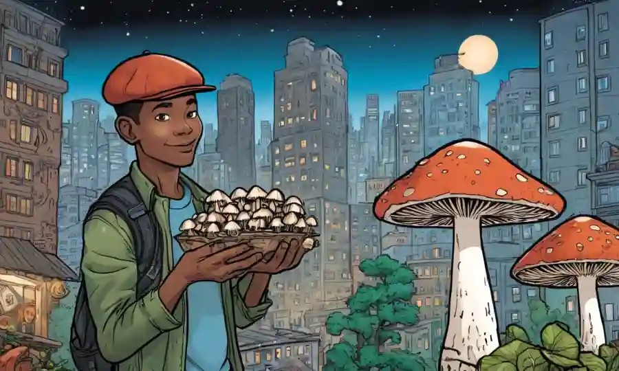 Una persona con hongos en medio de paisajes urbanos y diversos símbolos culturales.