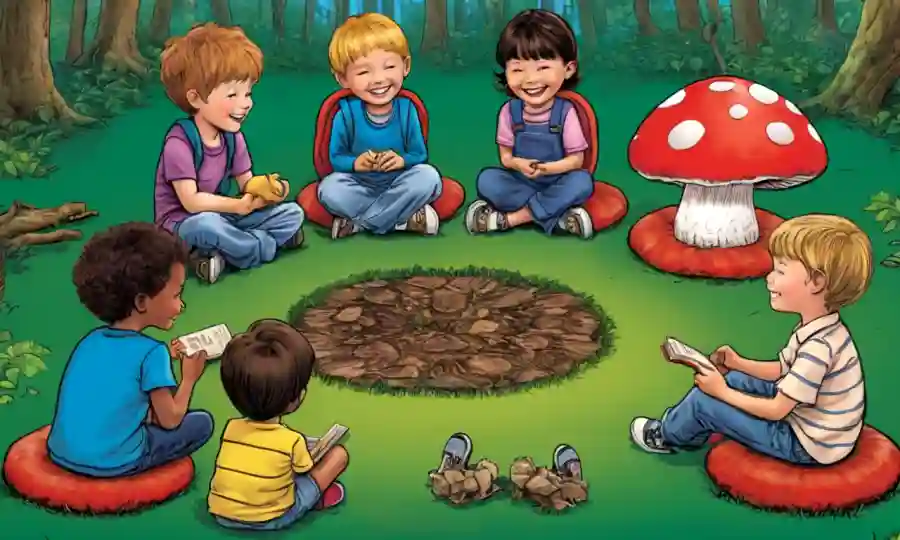 Niños sentados en un círculo alrededor de una herramienta de enseñanza en forma de hongos