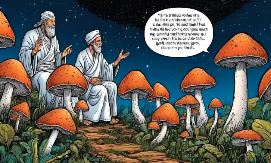 Las personas que comparten sus historias de transformación espiritual con ilustraciones de hongos y citas.