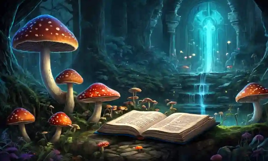 Un ambiente místico con hongos brillantes, rodeado de símbolos espirituales y textos antiguos.