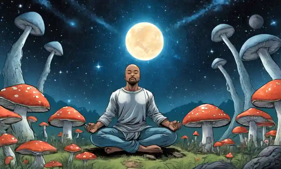 Una persona meditando cerca de un hongo con elementos espirituales o cósmicos que lo rodean.