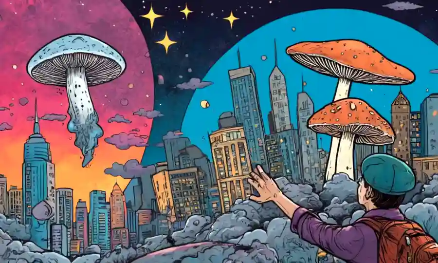 Una persona que sostiene un hongo frente a un horizonte urbano, con formas abstractas y símbolos espirituales alrededor.