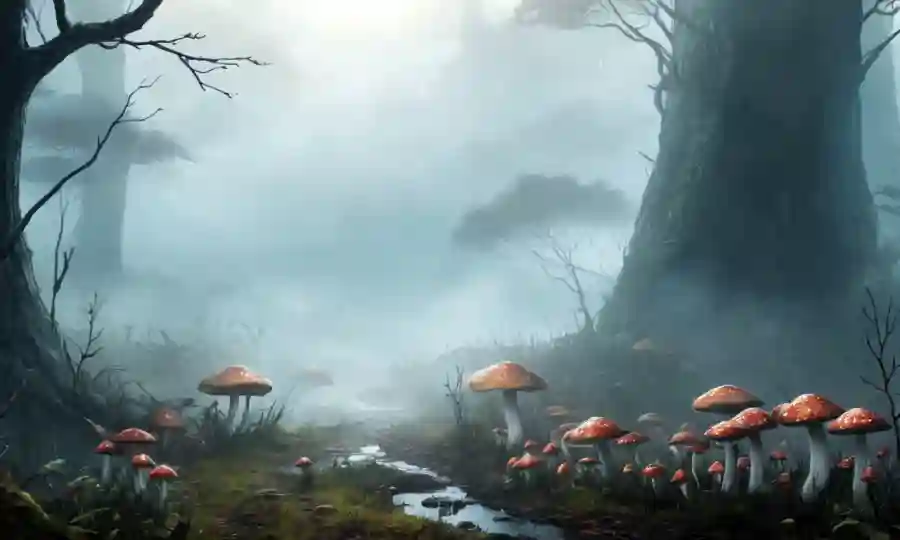 Un paisaje sereno con hongos entre niebla y niebla, simbolizando el crecimiento espiritual.