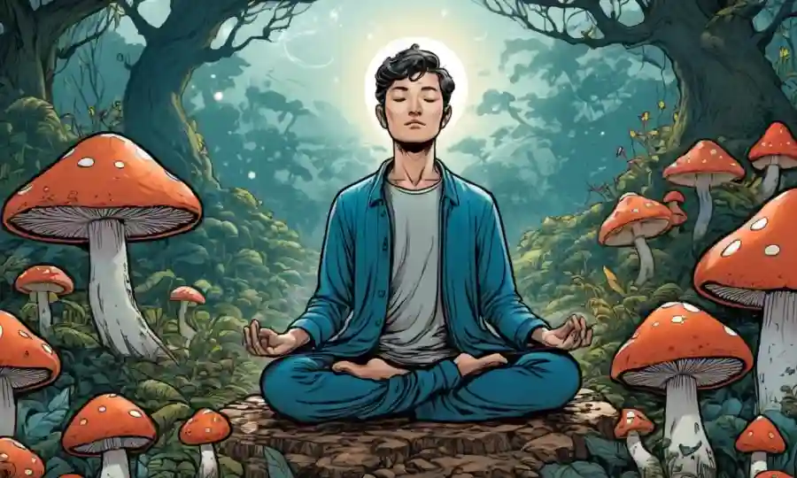 Una persona meditando entre los hongos en la naturaleza, con energía mística girando alrededor.