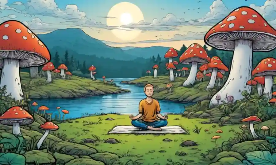 Un paisaje sereno con hongos y persona meditando en armonía.