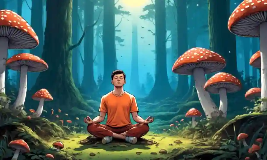 Una persona meditando entre los hongos en la naturaleza con efectos de luz calmantes.