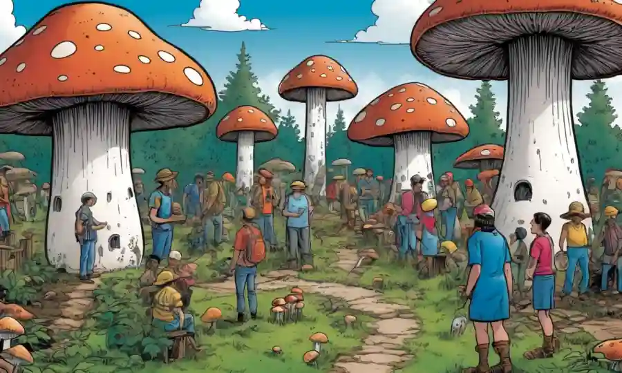 Gente reuniéndose alrededor de estructuras de hongos en un entorno comunitario.