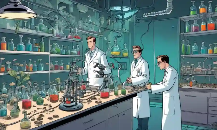 Establecimiento de laboratorio con hongos y científicos realizando experimentos.