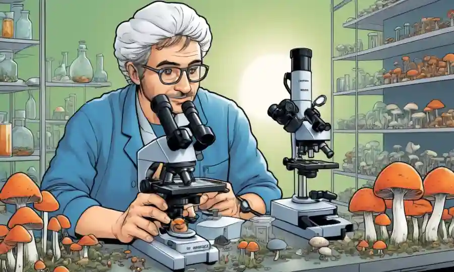Vistas al microscopio de hongos junto a científicos en laboratorios, transmitiendo investigación y avances.