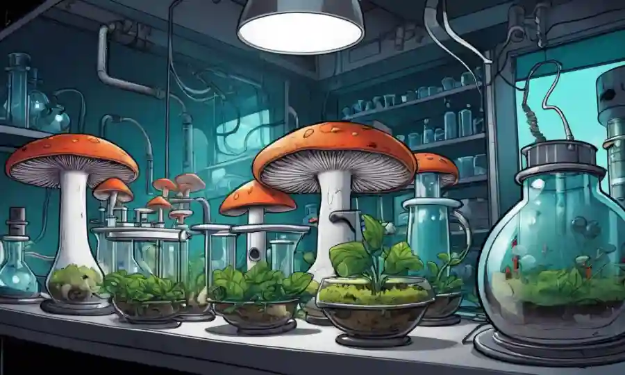 Un hongo creciendo en medio de beakers y equipo de laboratorio, rodeado de gadgets científicos.