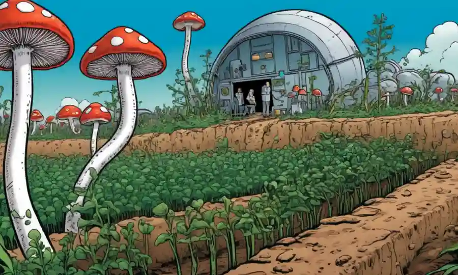 Setas creciendo entre cultivos con científicos que realizan experimentos en el fondo.
