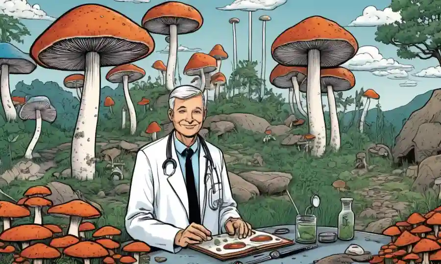 Una mezcla de entornos médicos tradicionales y modernos que destacan los beneficios de los hongos en el bienestar humano.