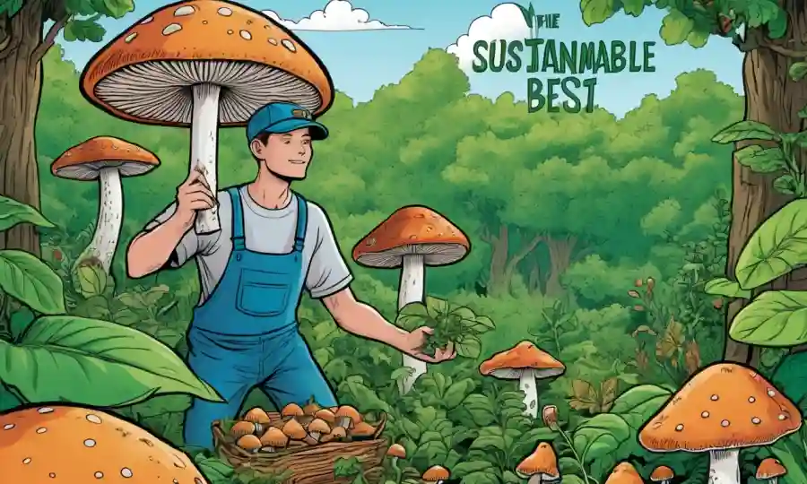 Una persona que cosecha hongos rodeados de exuberante vegetación con una capción sobre beneficios sostenibles y nutritivos.