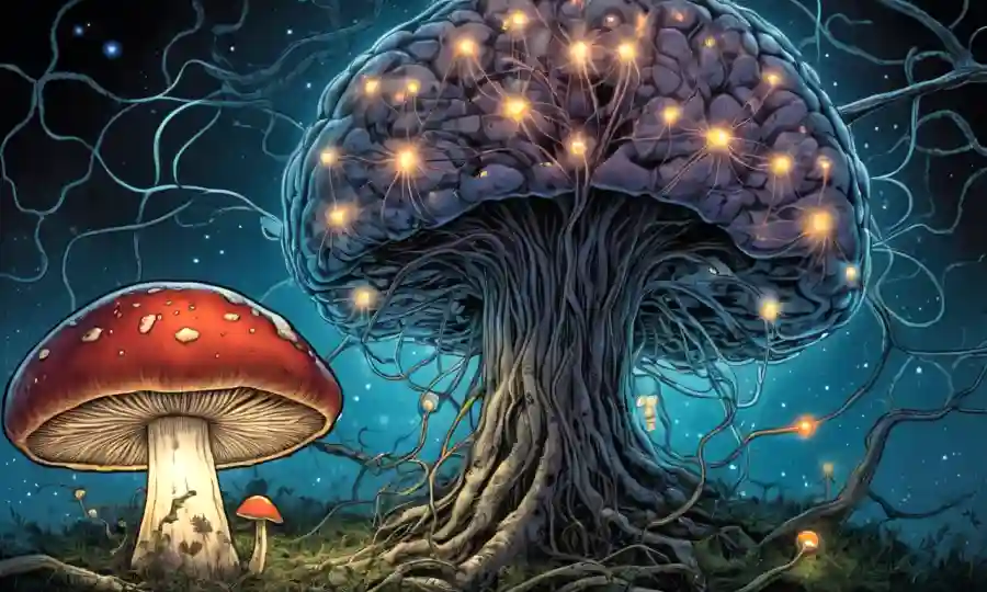 Un hongo creciendo cerca de un cerebro, rodeado de conexiones neuronales y faroles de visión.