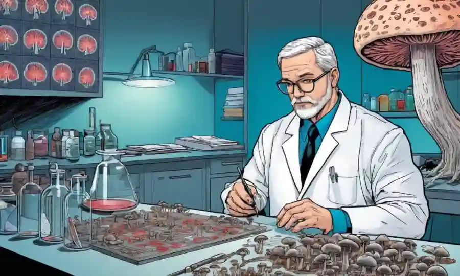 Un investigador que estudia escáneres cerebrales y muestras de hongos en una mesa de laboratorio.