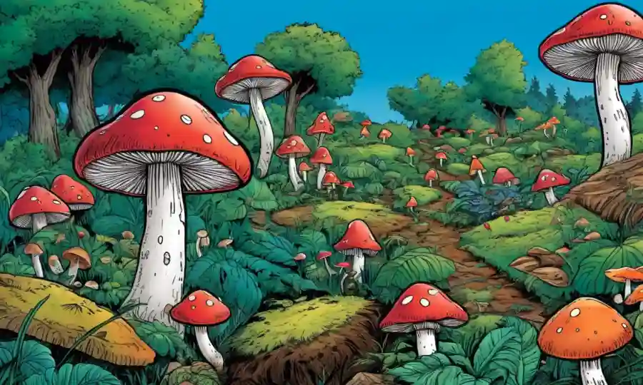 Setas creciendo entre naturalezas vibrantes colores