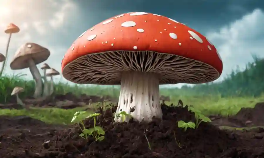 Un hongo brotando desde el suelo, con formas parecidas al cerebro e iconos emocionales en el fondo.