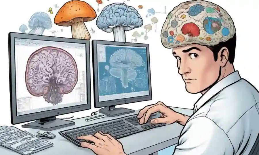 Persona sosteniendo un hongo en medio de escáneres cerebrales y gráficos en una pantalla de computadora.