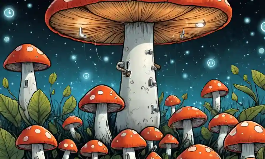 Ilustración conceptual de hongos (setas) rodeado de piezas de rompecabezas y bombones.