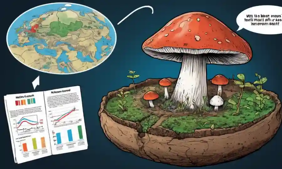 Crece un hongo en la tierra, con gráficos y gráficos destacando sus beneficios de salud e impacto comunitario.
