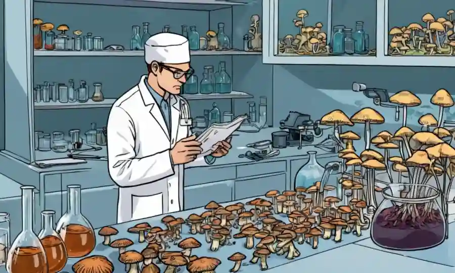Un investigador analizando especímenes de hongos en un entorno de laboratorio.