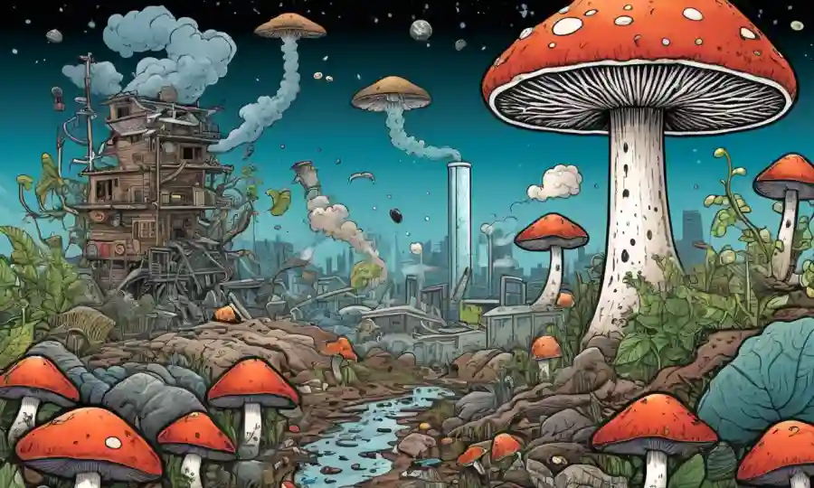 Un hongo floreciendo en medio de la contaminación, rodeado de símbolos científicos y gráficos eco-conscientes.