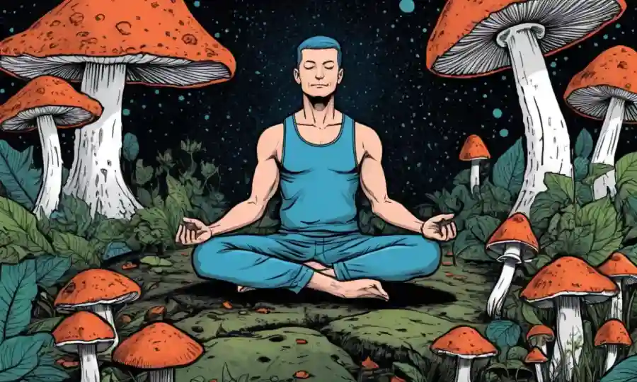 Persona meditando cerca de hongos