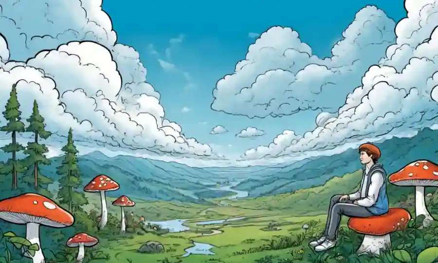 Una persona sentada en un ambiente tranquilo con elementos inspirados en hongos y un impulso mental positivo indicado por nubes de pensamiento.
