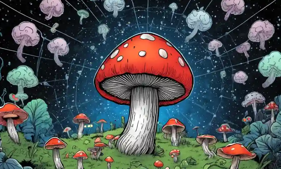 Una ilustración de hongos rodeada de visualizaciones y estadísticas de actividad cerebral.