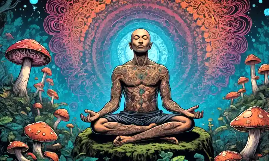Persona meditando en la naturaleza con setas psicodélicas y patrones giratorios.
