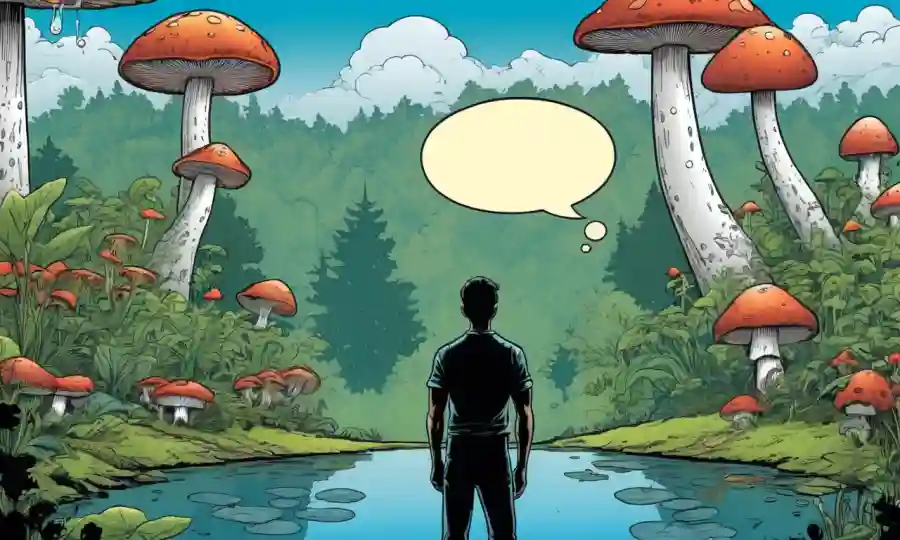 Una persona que reflexiona frente a un escenario inspirado en la naturaleza, con hongos y burbujas de pensamiento.