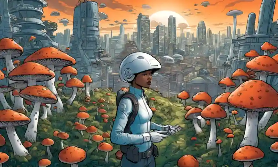 Persona rodeada de hongos con tecnología futurista y paisaje urbano en el fondo.