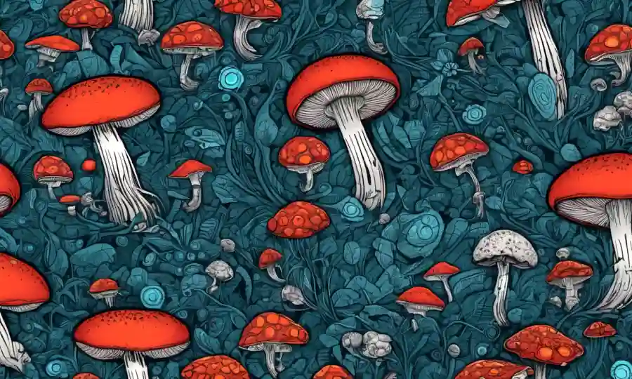 Las ilustraciones de hongos se mezclan con ondas cerebrales abstractas y circuitos.
