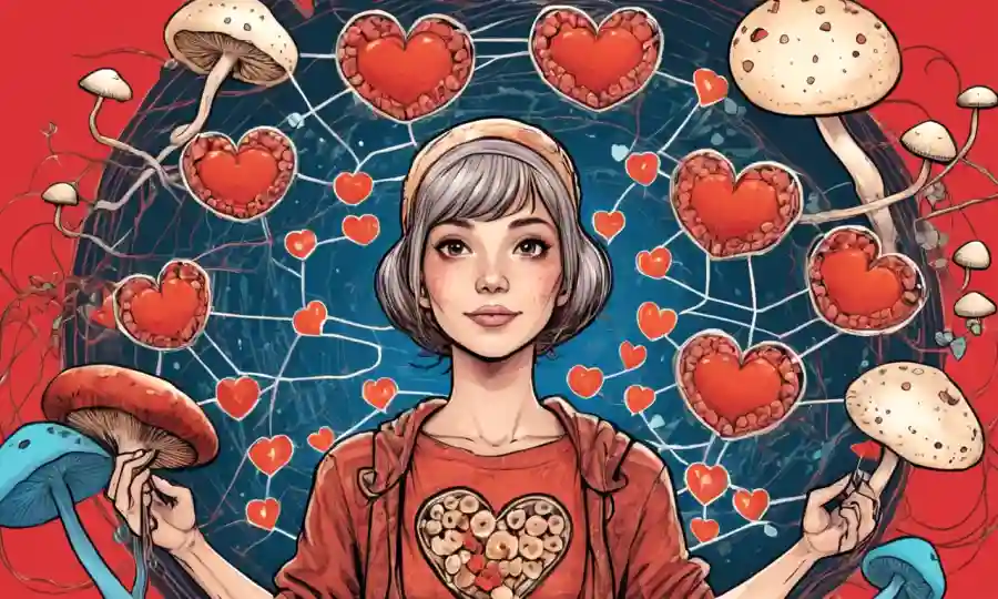 Person holding hongos rodeados de conexiones en forma de corazón que representan relaciones.
