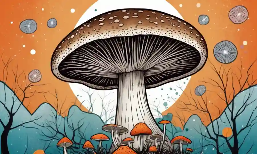 Shiitake ilustración de hongos rodeado de formas abstractas que representan la conexión y el crecimiento.