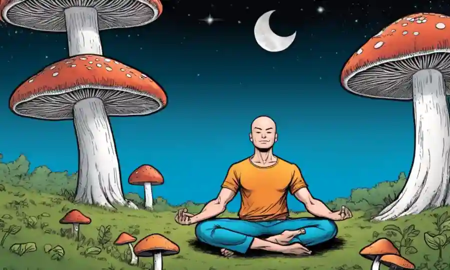 Persona meditando junto a un hongo, simbolizando sus beneficios terapéuticos.