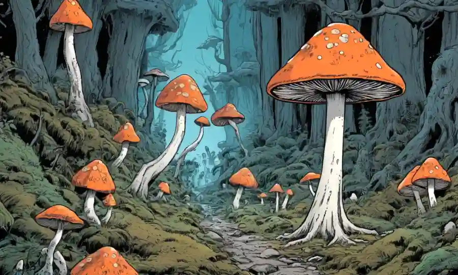 Persona experimentando reacciones físicas (por ejemplo temblando) entre las formaciones de hongos más lenceros.