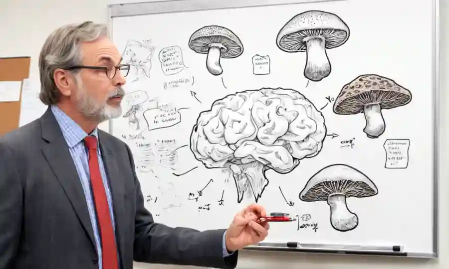 Profesor que sostiene hongos con notas y diagramas de cerebro en una pizarra.