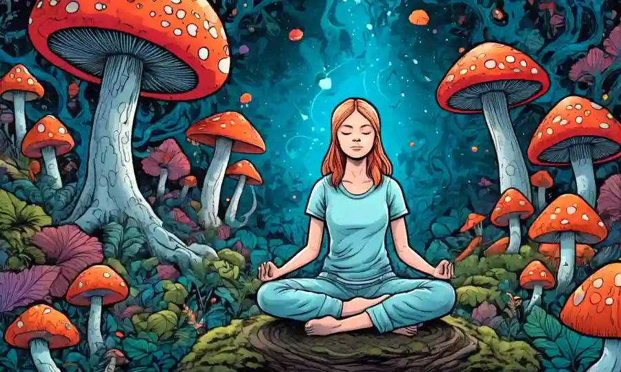 Una persona meditando o en la naturaleza, rodeada de setas psicodélicas y formas abstractas.