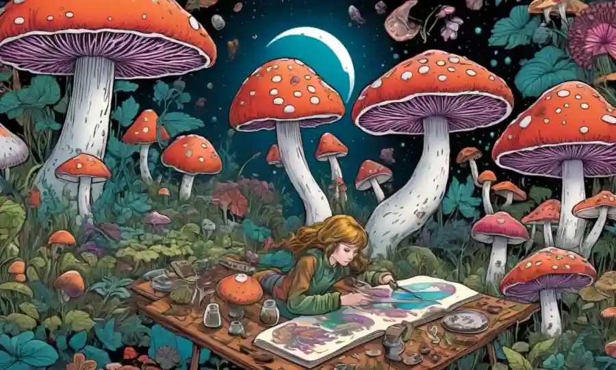 Un artista que trabaja en una pieza de inspiración psicodélica en medio de varias especies de hongos y herramientas creativas.