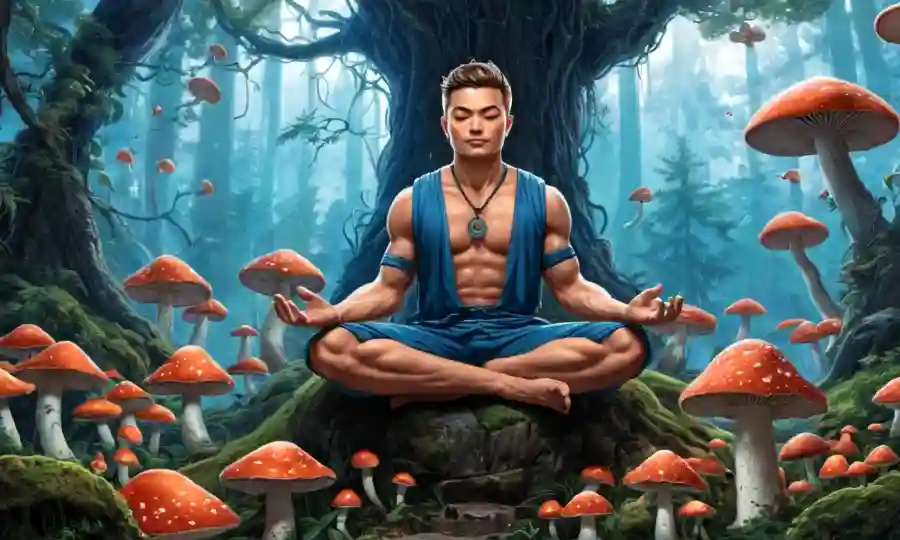 Meditador sentado en medio de los hongos en la naturaleza, con elementos interconectados de meditación, naturaleza y efectos de escoba.