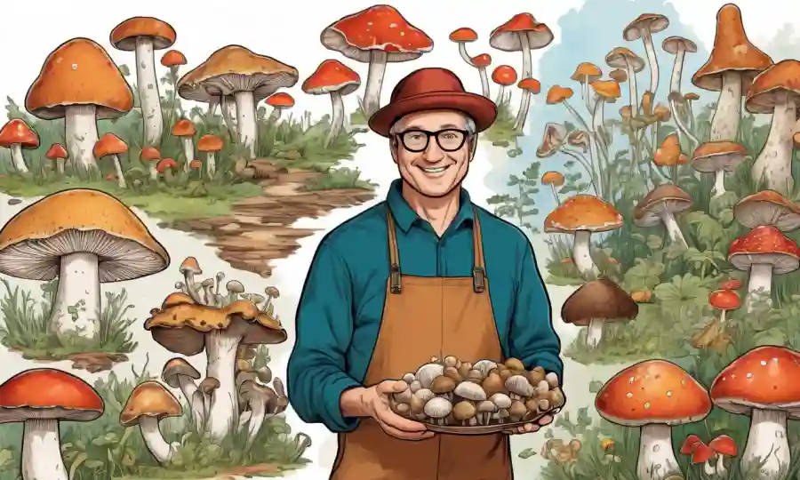 Un experto en hongos que sostiene varios tipos de hongos junto a ilustraciones que muestran sus propiedades.